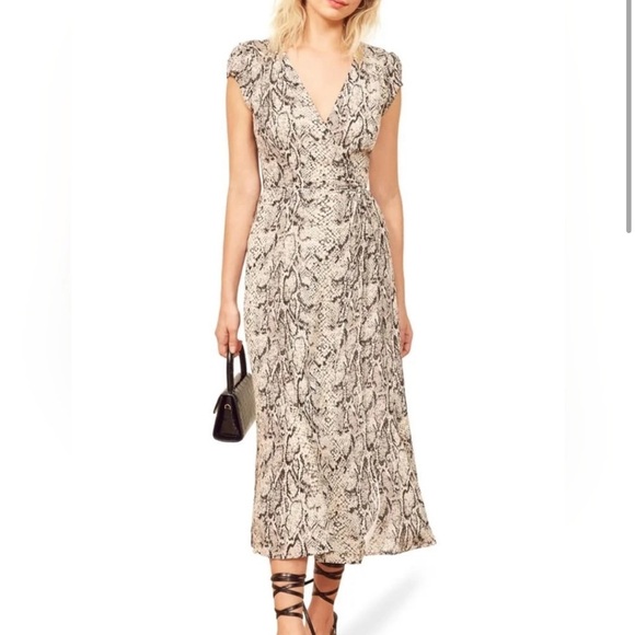 Reformation Carine Dress Snake Skin Print Chiffon Wrap Midi Short Sleeve XS - Picture 4 of 13